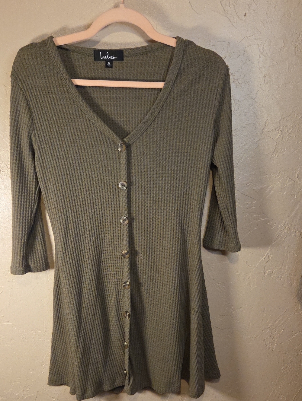 Lulu's Olive Ribbed Button-Front Long Sleeve Dress Size Small